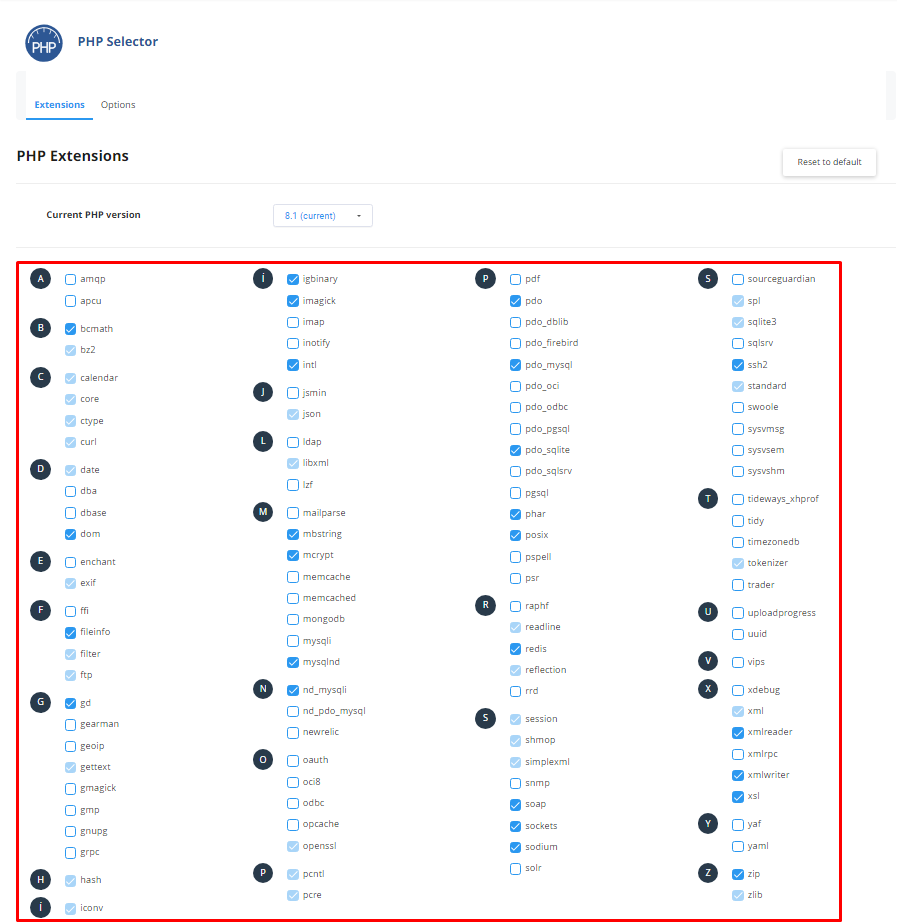 PHP Selector üzerinden sunucuda yüklü olan PHP eklentileri harf sırasına göre listelenir. Aktif olan PHP kütüphanesinin yanındaki kutucuk seçilidir. 